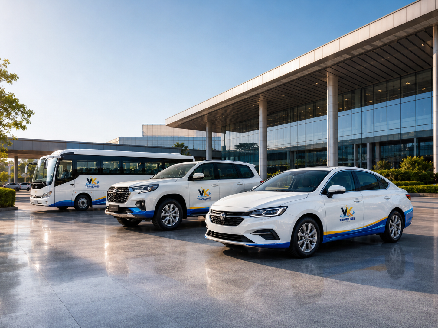 VK Translines fleet line-up with coach, SUV and sedan in blue-and-amber livery outside a corporate campus