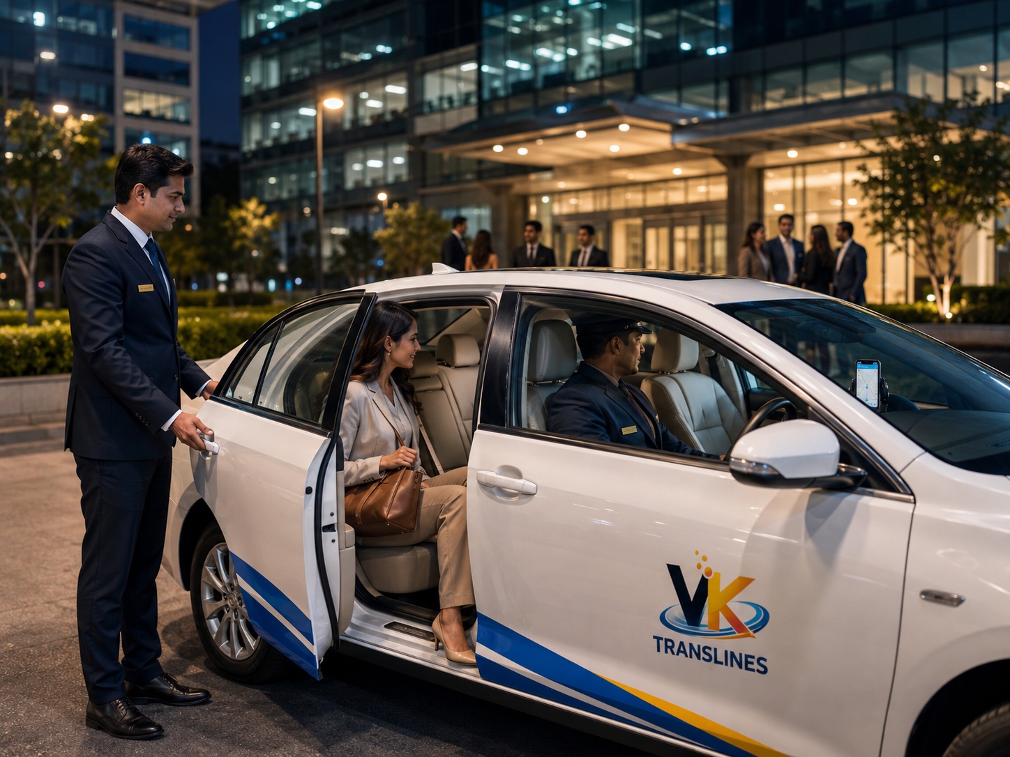 VK Translines chauffeur holding the door as business travellers arrive at a corporate building